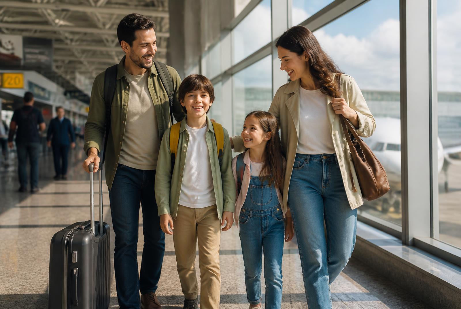 Família com duas crianças embarcando no aeroporto para uma viagem