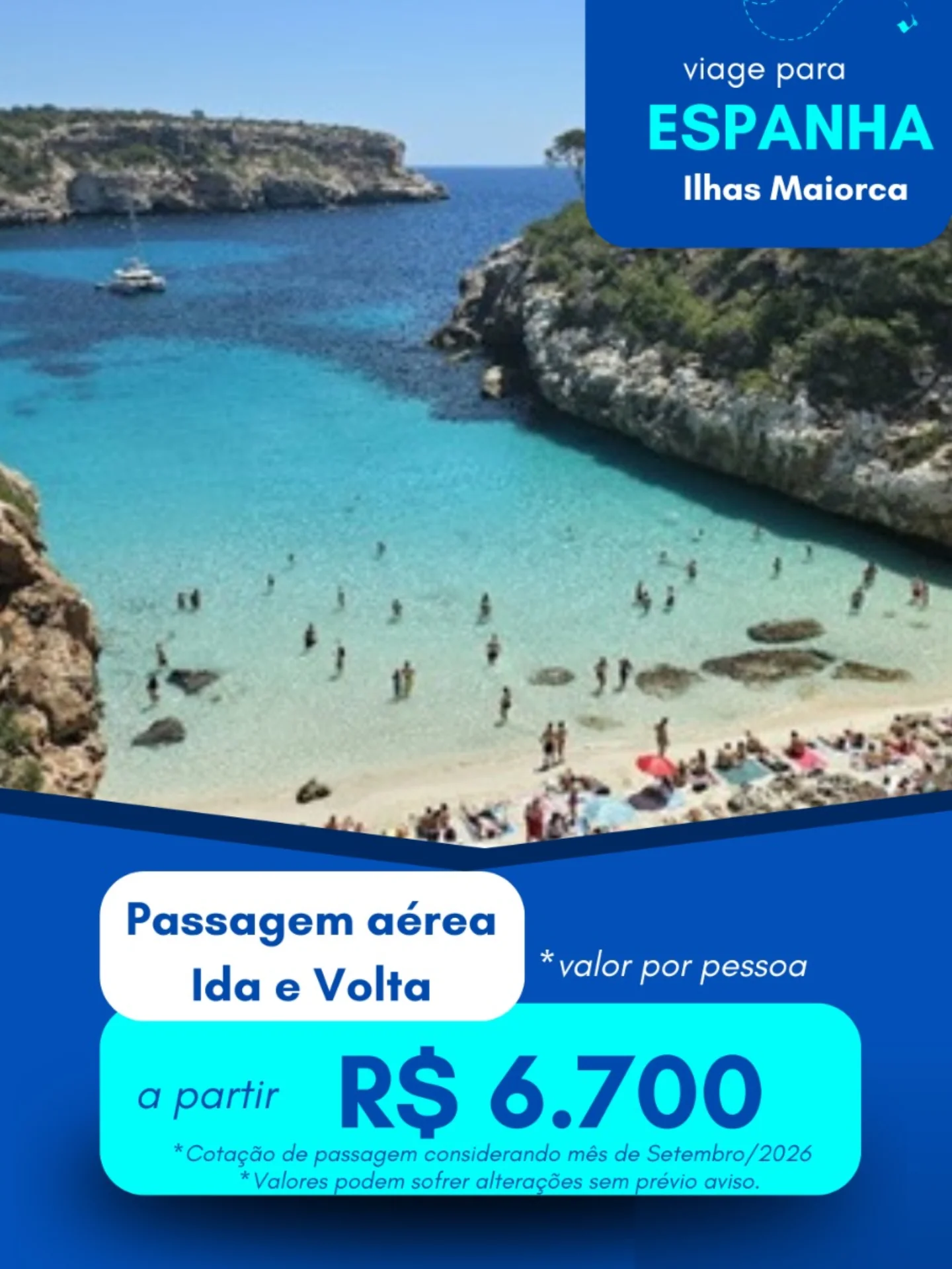 Oferta de passagem para a Espanha, praia nas Ilhas Maiorca