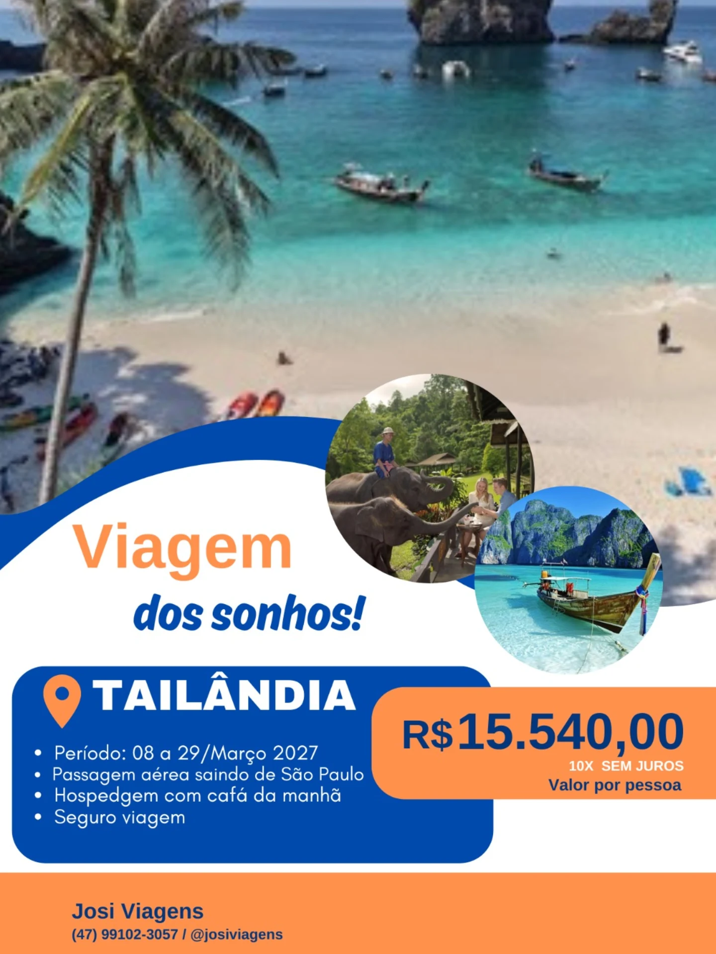 Oferta de pacote para a Tailândia com praia e barcos tradicionais