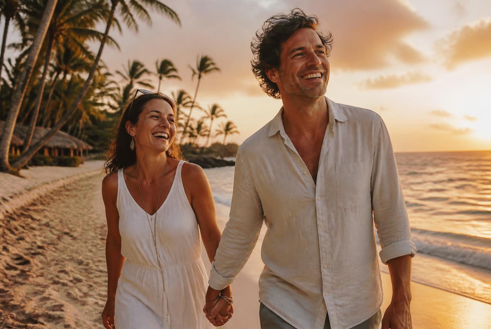Casal caminhando de mãos dadas em uma praia ao pôr do sol