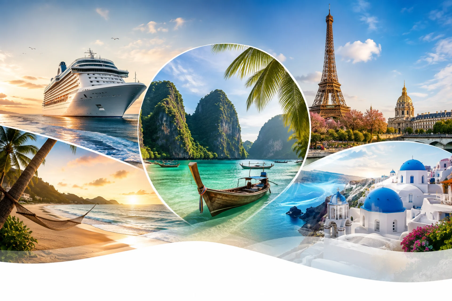 Colagem de destinos de viagem: cruzeiros, Tailândia, Paris, praias e Santorini